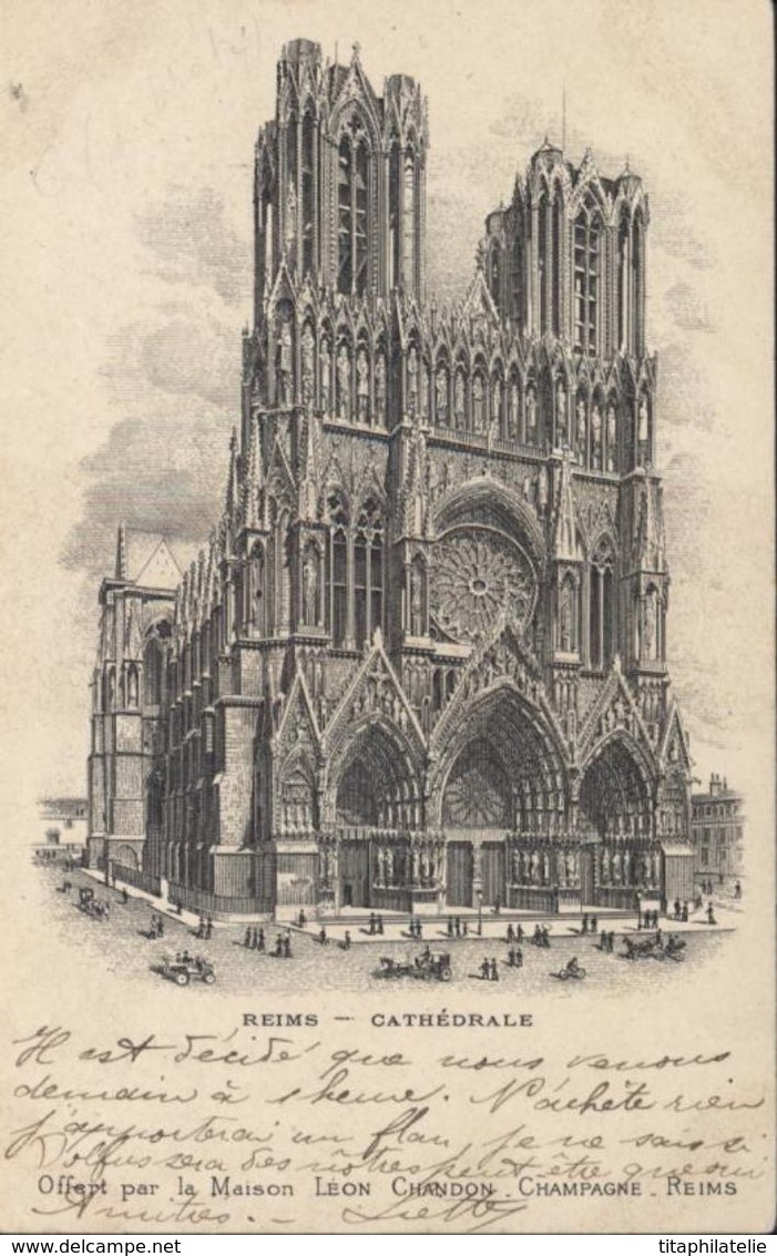 Carte Postale Publicitaire Recto Cathédrale Reims Verso Etablissements Léon Chandon Reims Champagne YT 124 Mouchon - Otros & Sin Clasificación