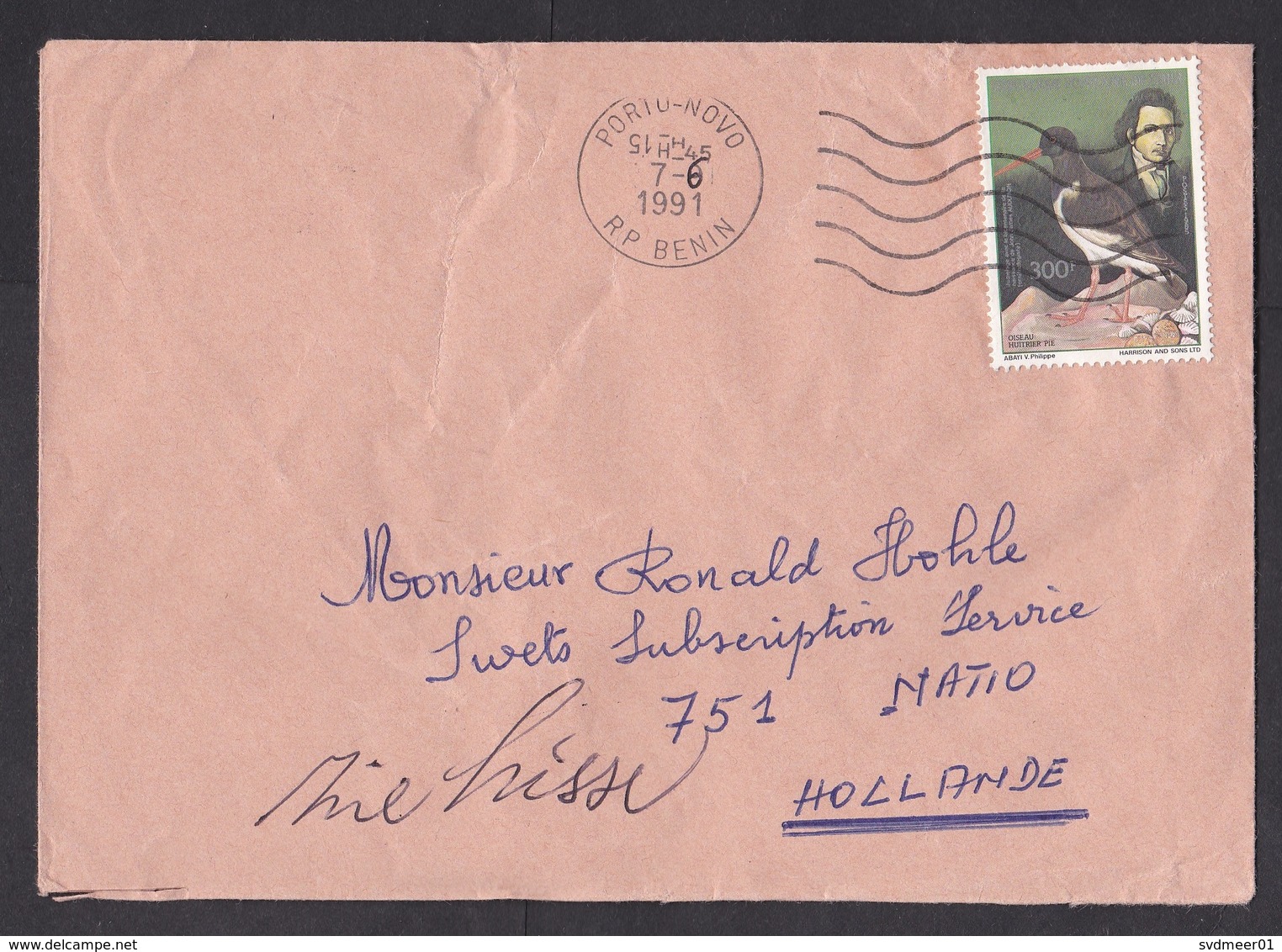 Benin: Cover To Netherlands, 1991, 1 Stamp, Bird, Science, Scientist, Shell, Rare Real Use (damaged; Creases) - Benin – Dahomey (1960-...)