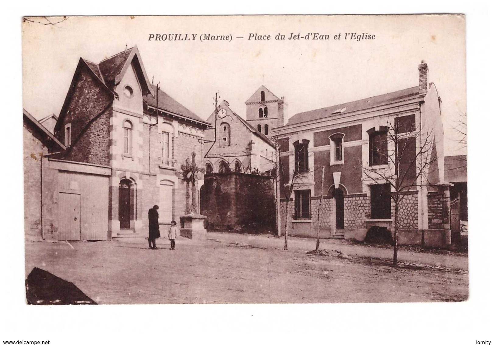 51 Prouilly Place Du Jet D' Eau Et Eglise Cpa Animée Cachet 1931 - Other & Unclassified