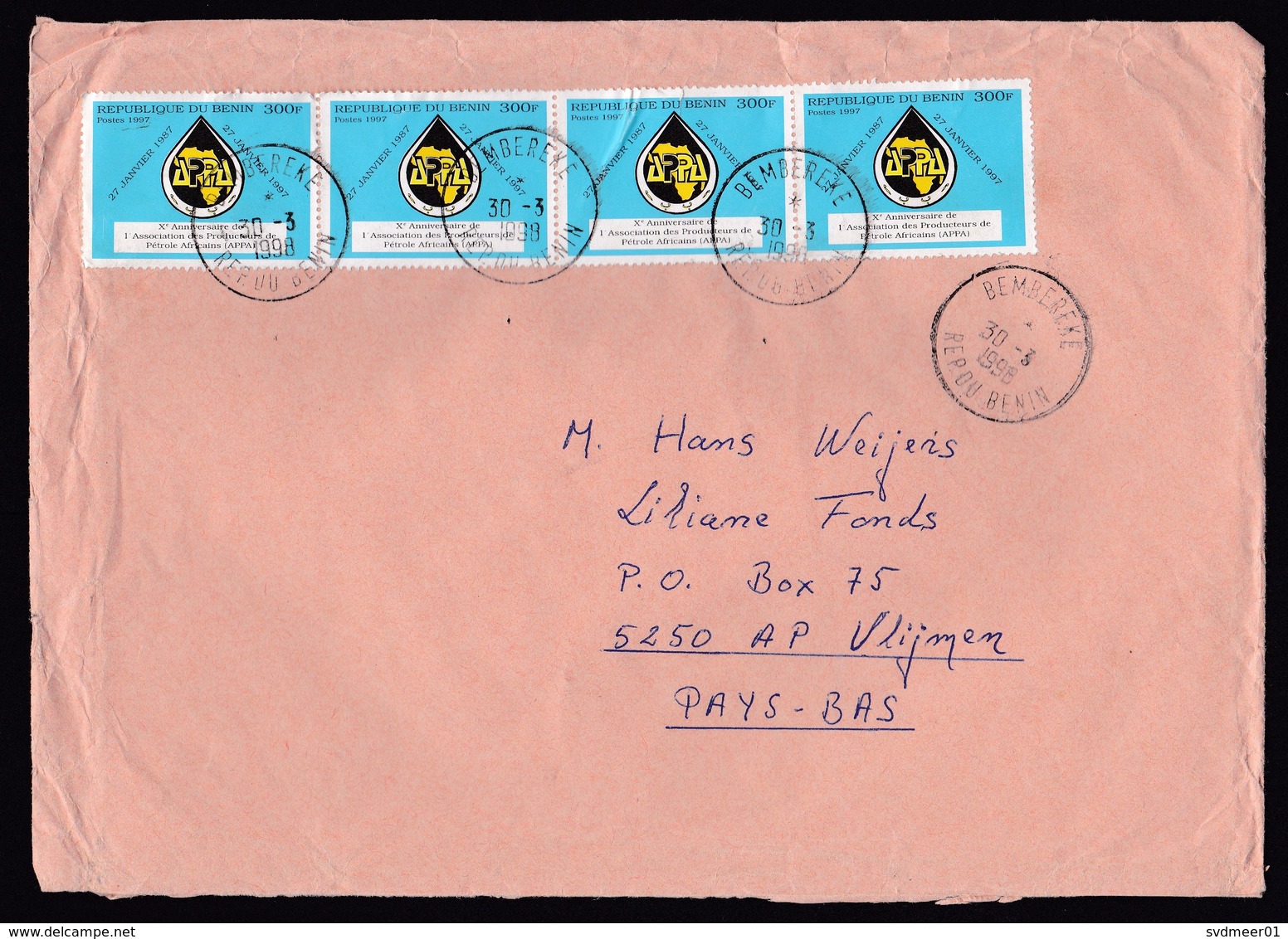 Benin: Cover Bembereke To Netherlands, 1998, 4 Stamps, APPA African Oil Producers, Energy (2 Stamps Damaged) - Benin – Dahomey (1960-...)