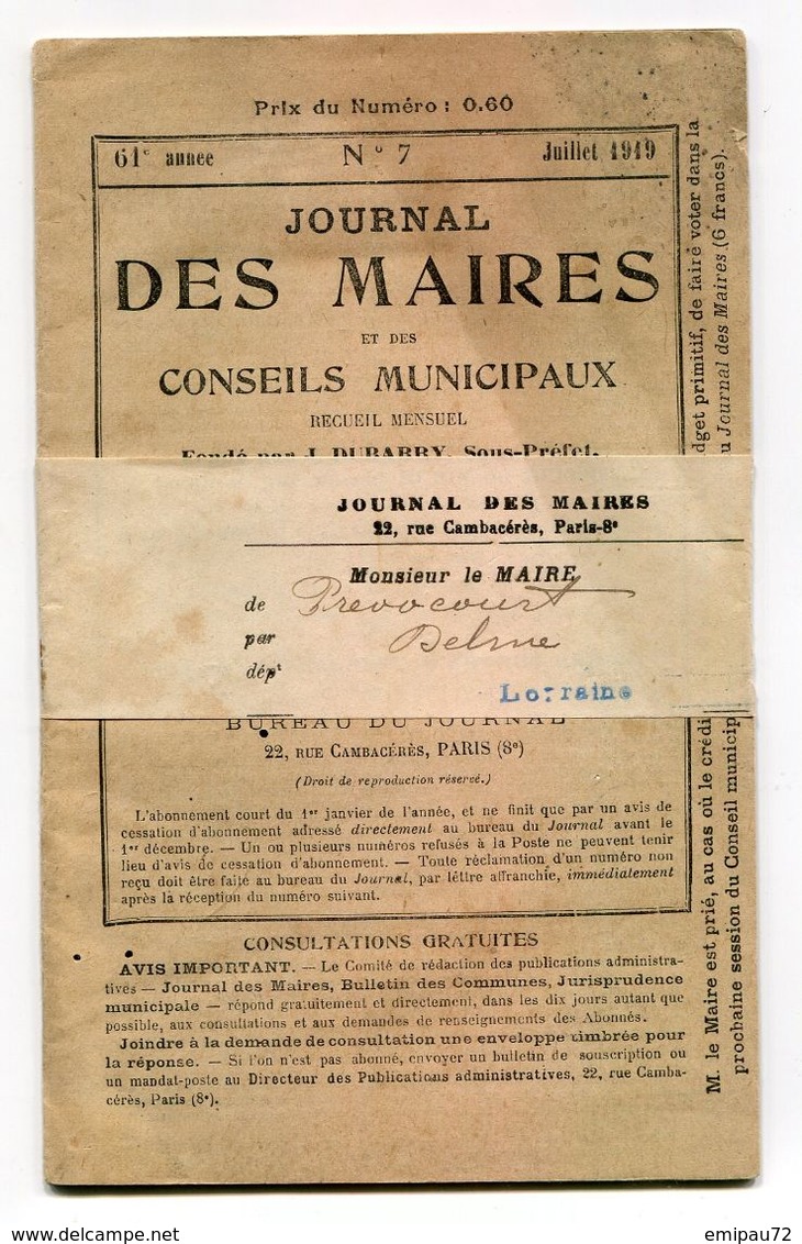 FRANCE- Journal Des Maires Et Des Conseillers Municipaux- 61ème Année- Juillet 1919 (avec Sa Bande Journal) - 1800 - 1849