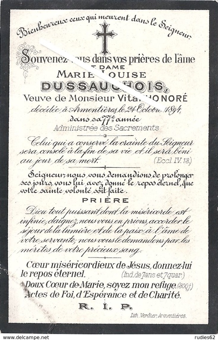 Image Mortuaire - Iwuy - Armentières - DUSSAUCHOIS Marie Louise (épouse HONORE Vital Guislain) - Obituary Notices