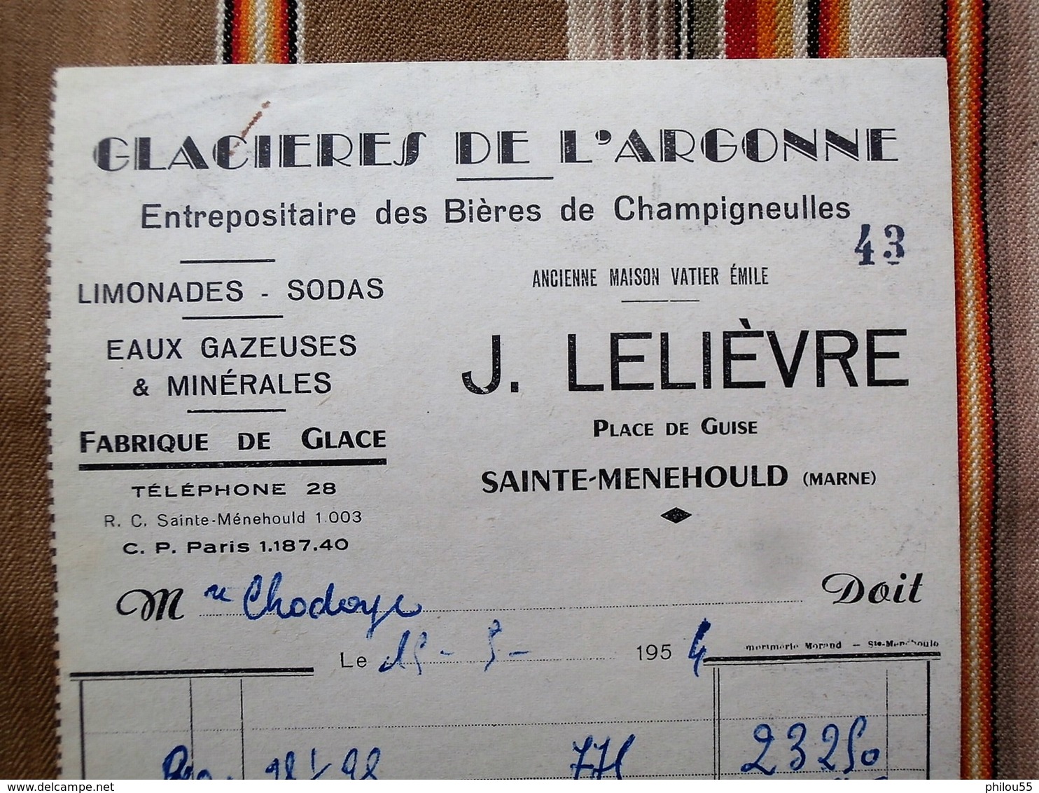 51 SAINTE MENEHOULD GLACIERES DE L'ARGONNE J. LELIEVRE BIERE CHAMPIGNEULLES - Factures