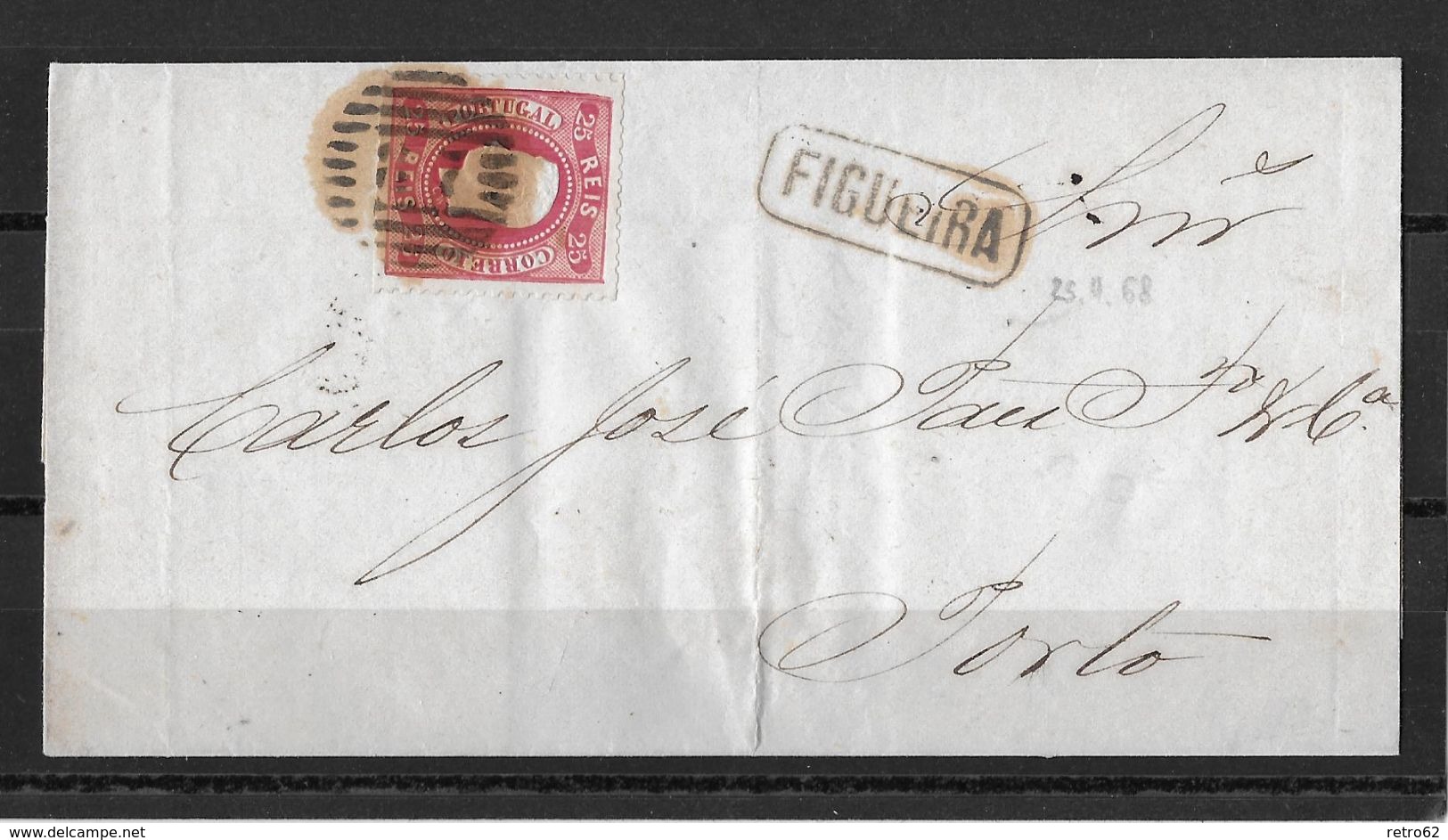 1868 PORTUGAL → Letter With Bar Stamp Figueira To Porto  ►RRR◄ - Lettres & Documents