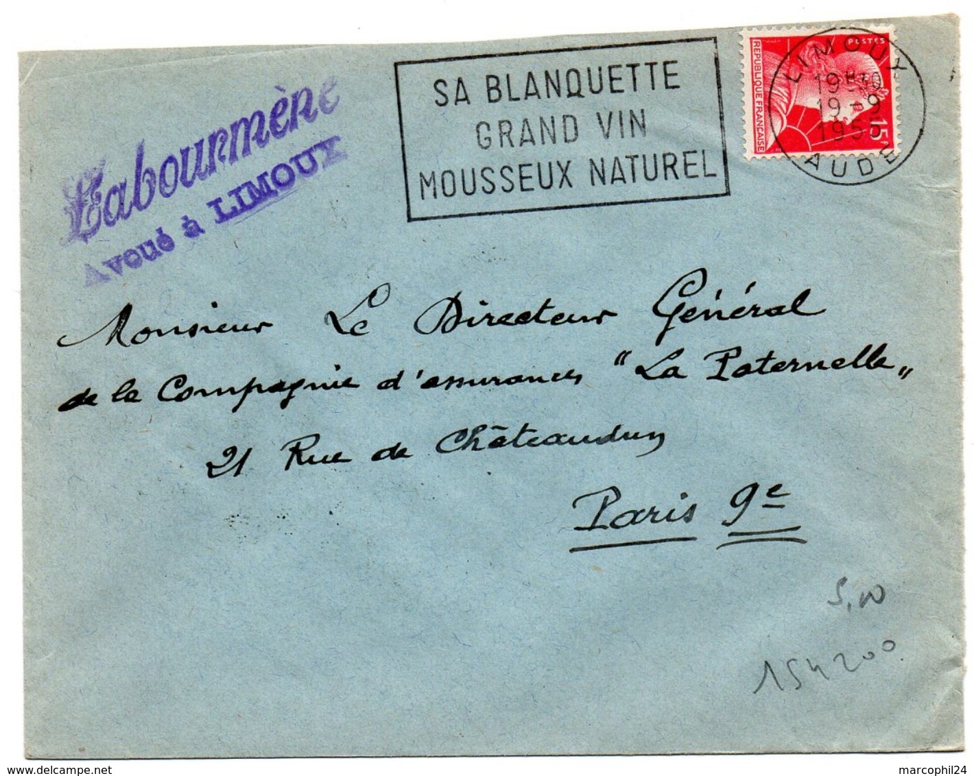 AUDE - Dépt N° 11 = LIMOUX 1955 = FLAMME Non Codée = SECAP  ' BLANQUETTE / GRAND VIN / MOUSSEUX NATUREL ' - Oblitérations Mécaniques (flammes)