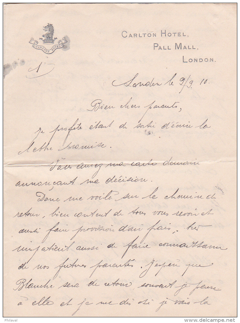 Contenu D'une Lettre Du Carlton Hôtel, Pall Mall, London - Manuscrits