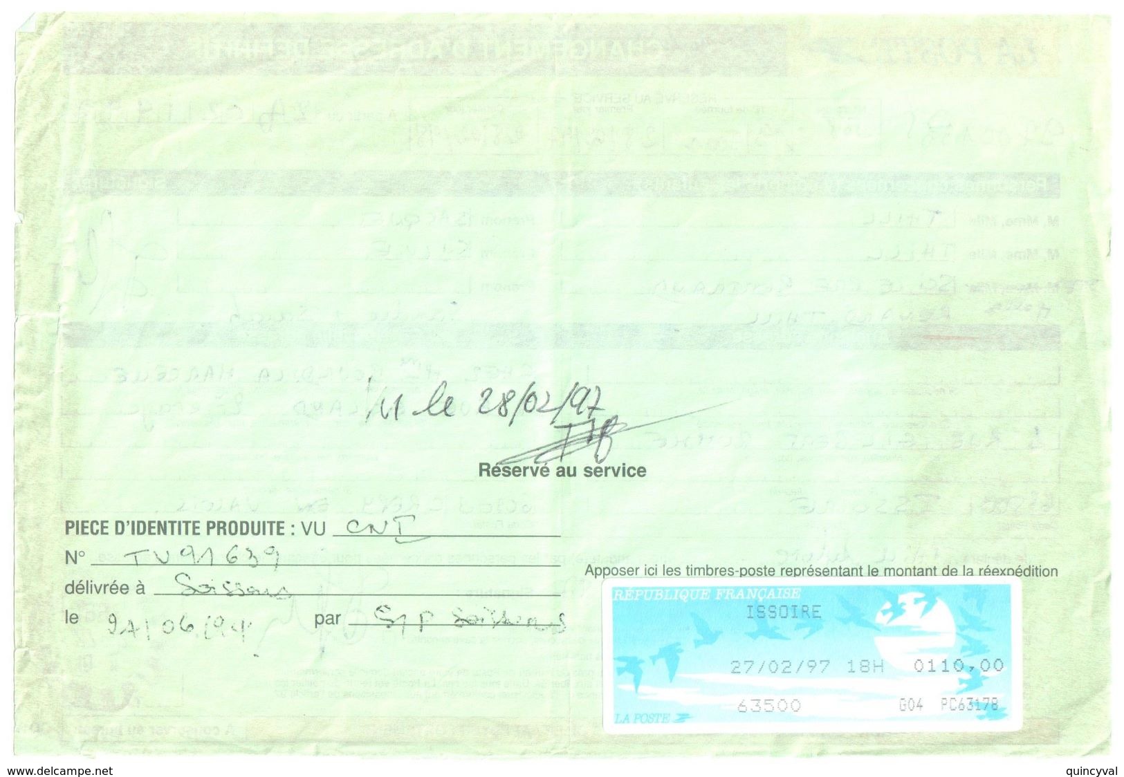 4487 ISSOIRE Puy De Dôme Formule 755 B Changement D'adresse Définitif Taxe 110 F Etiquette Guichet Ob 27 2 1997 - Documents Of Postal Services