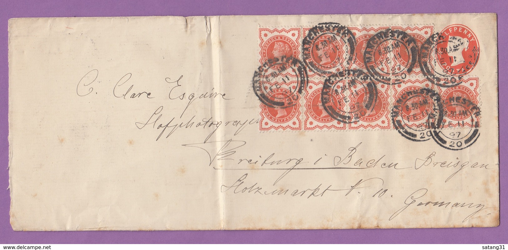 ENTIER POSTAL AVEC AFFRANCHISSEMENT SUPLEMENTAIRE D'UN BLOC DE 9 DU DEMI-PENNY,POUR FREIBURG. - Stamped Stationery, Airletters & Aerogrammes