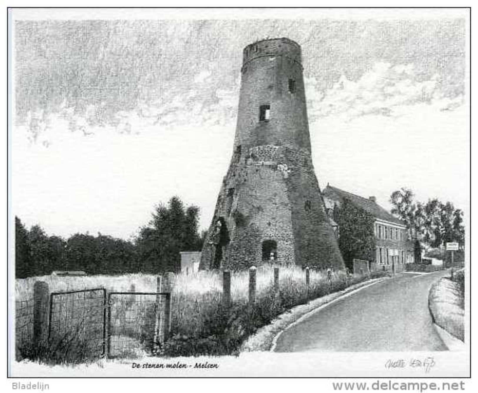 MELSEN Bij Merelbeke (O.Vl.) - Molen/moulin - Fraaie Natuurgetrouwe Pentekening Van De Stenen Molen (romp) - Merelbeke