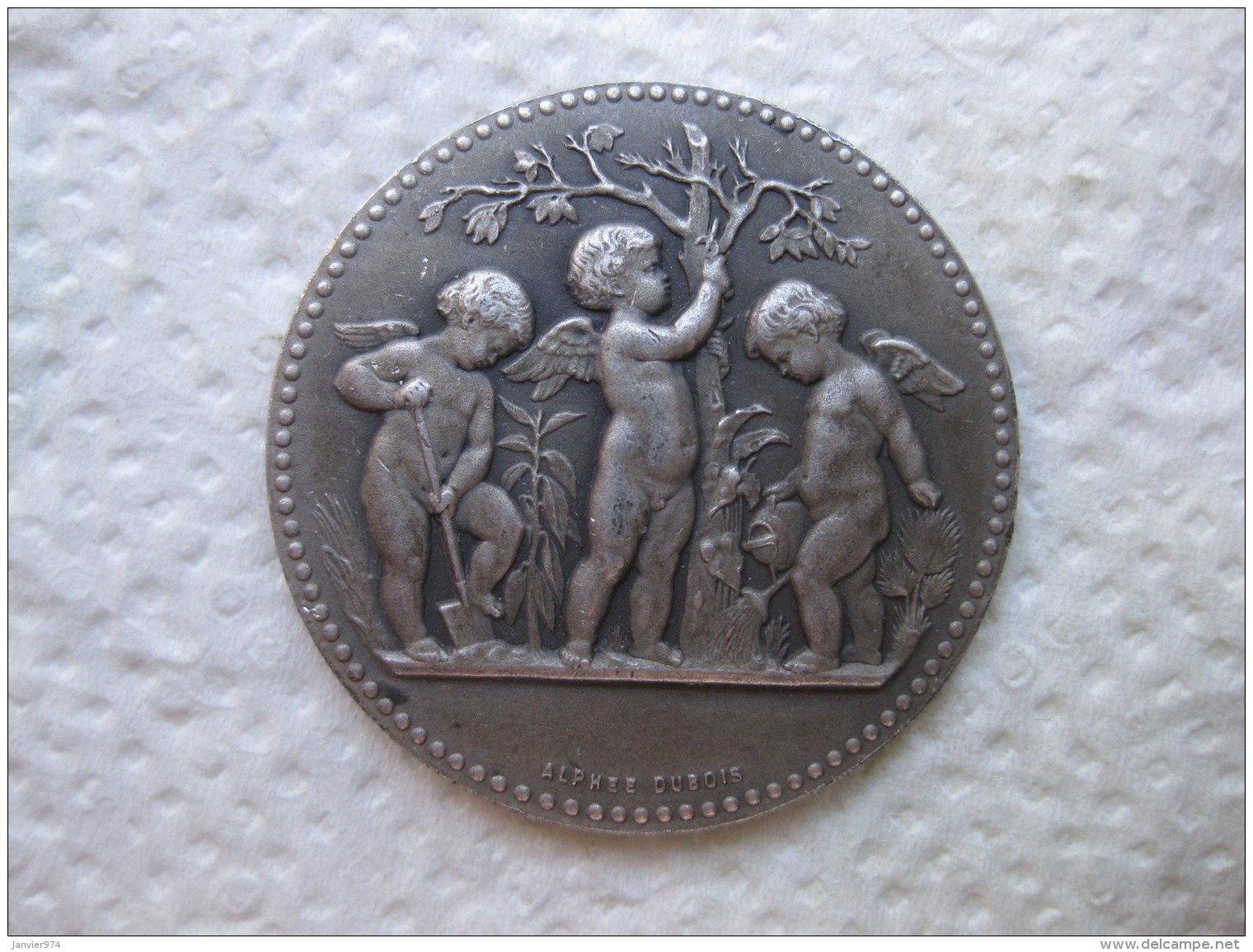 Médaille Argent  , 3 Anges Chérubins Nus Dans Le Jardin , Par Alphée Dubois - Otros & Sin Clasificación