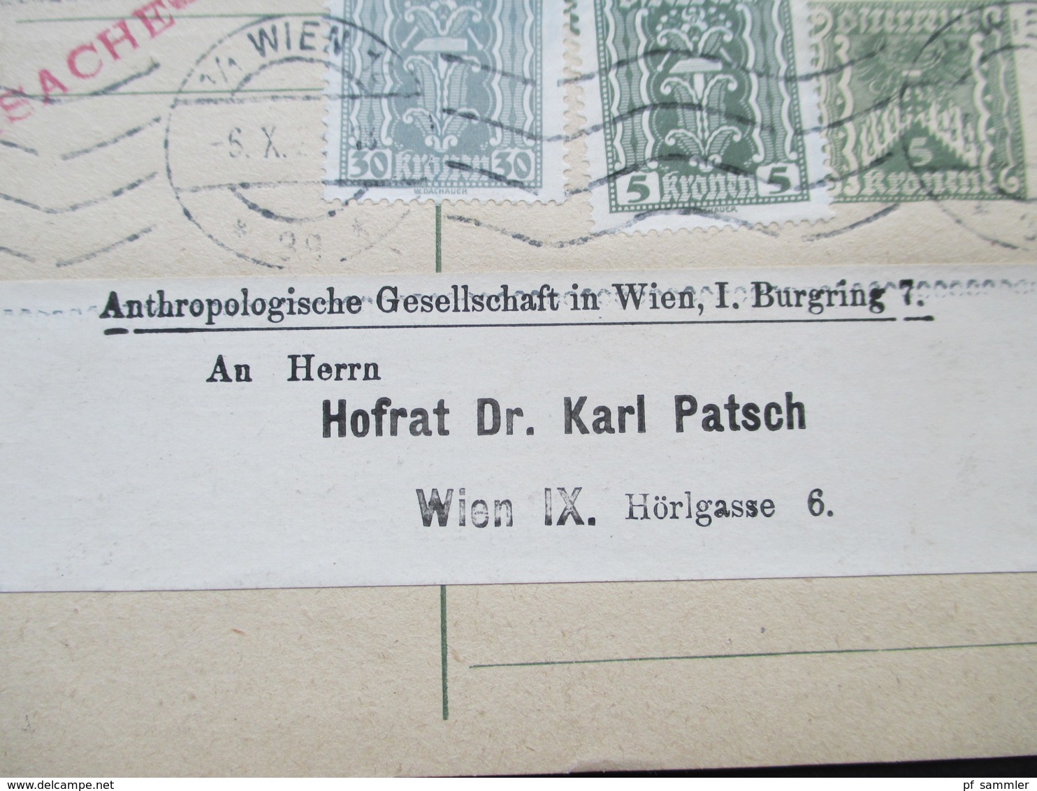 Österreich 1922 Ganzsache Mit Zusatzfrankatur Anthropologische Gesellschaft Wien. Hofrat Dr. Karl Patsch - Brieven En Documenten