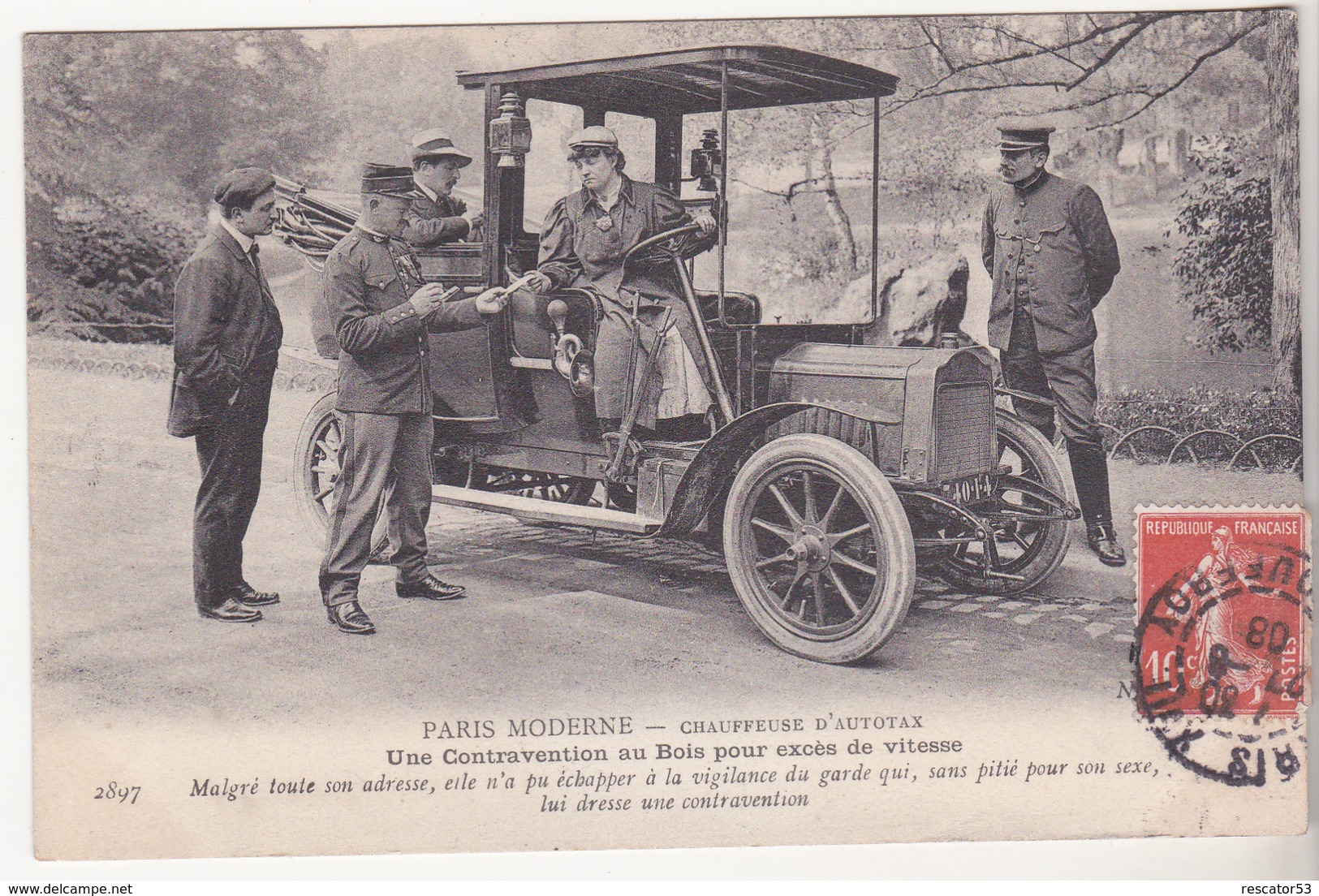 Très Rare Cpa Paris Moderne Chauffeuse D'autotax Une Contravention Au Bois Pour Excès De Vitesse 1908 - Taxis & Cabs