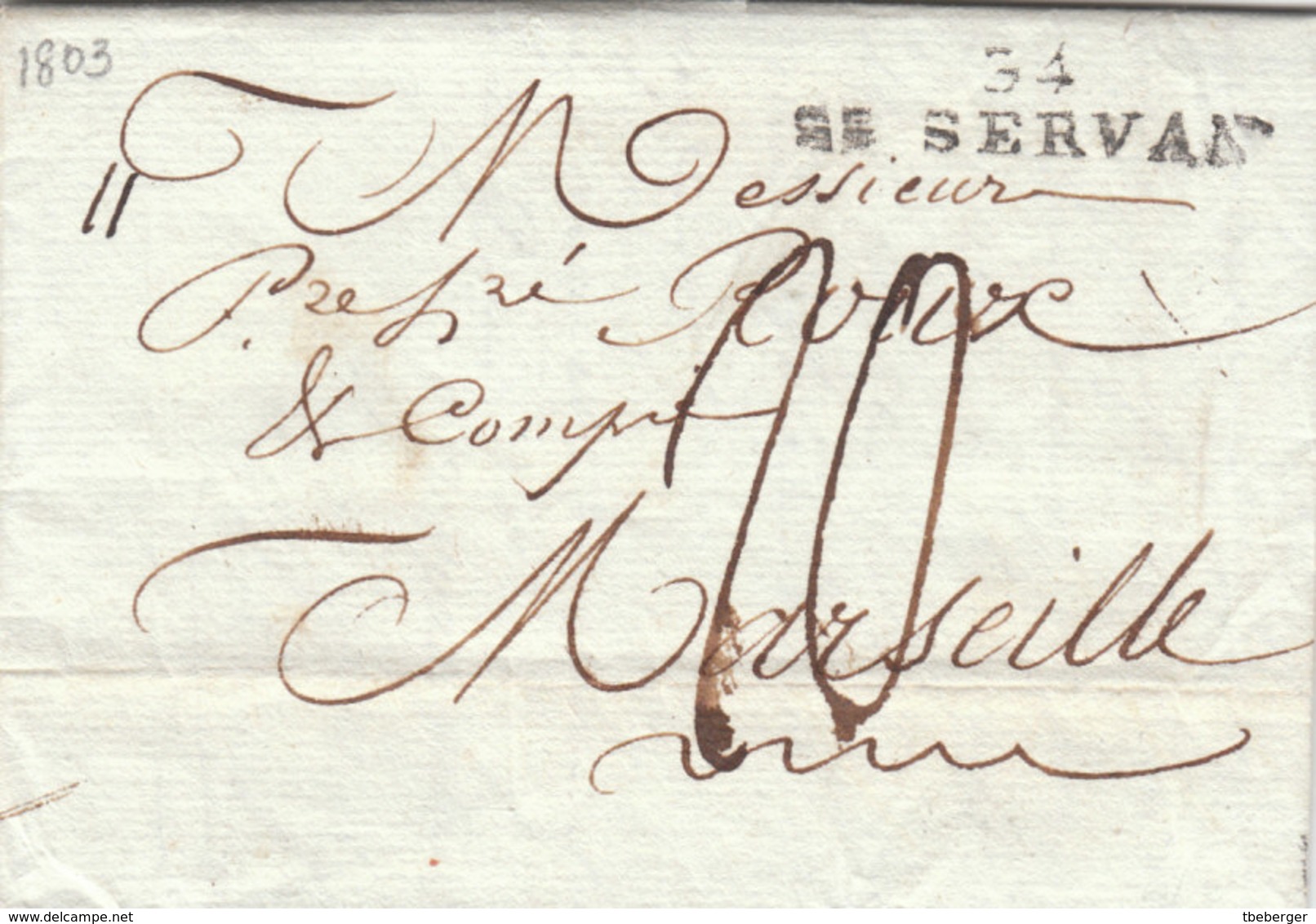 France 1803 An 11 Entire Letter "34 ST. SERVAN" Pour Marseille (q102) - 1801-1848: Précurseurs XIX