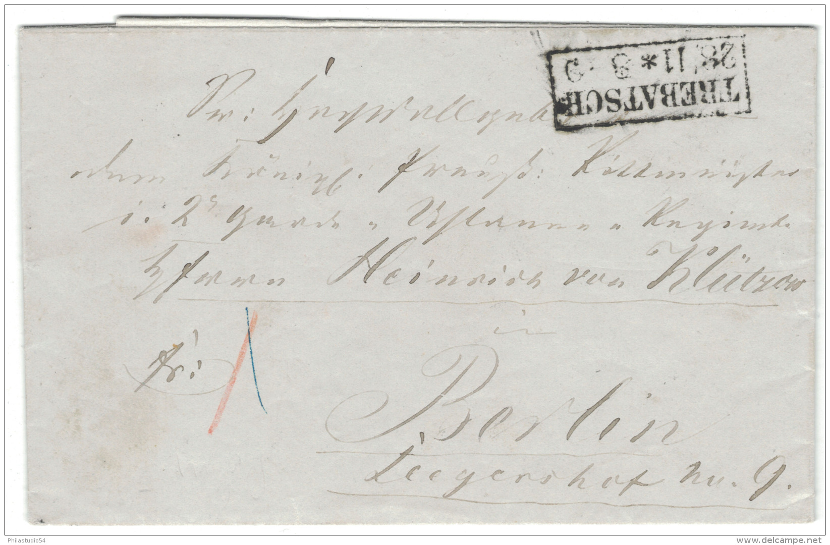 1856, Markenloser Brief Von TREBATSCH Mit Handschr. Taxe ""1"" Nach Berlin. - Briefe U. Dokumente