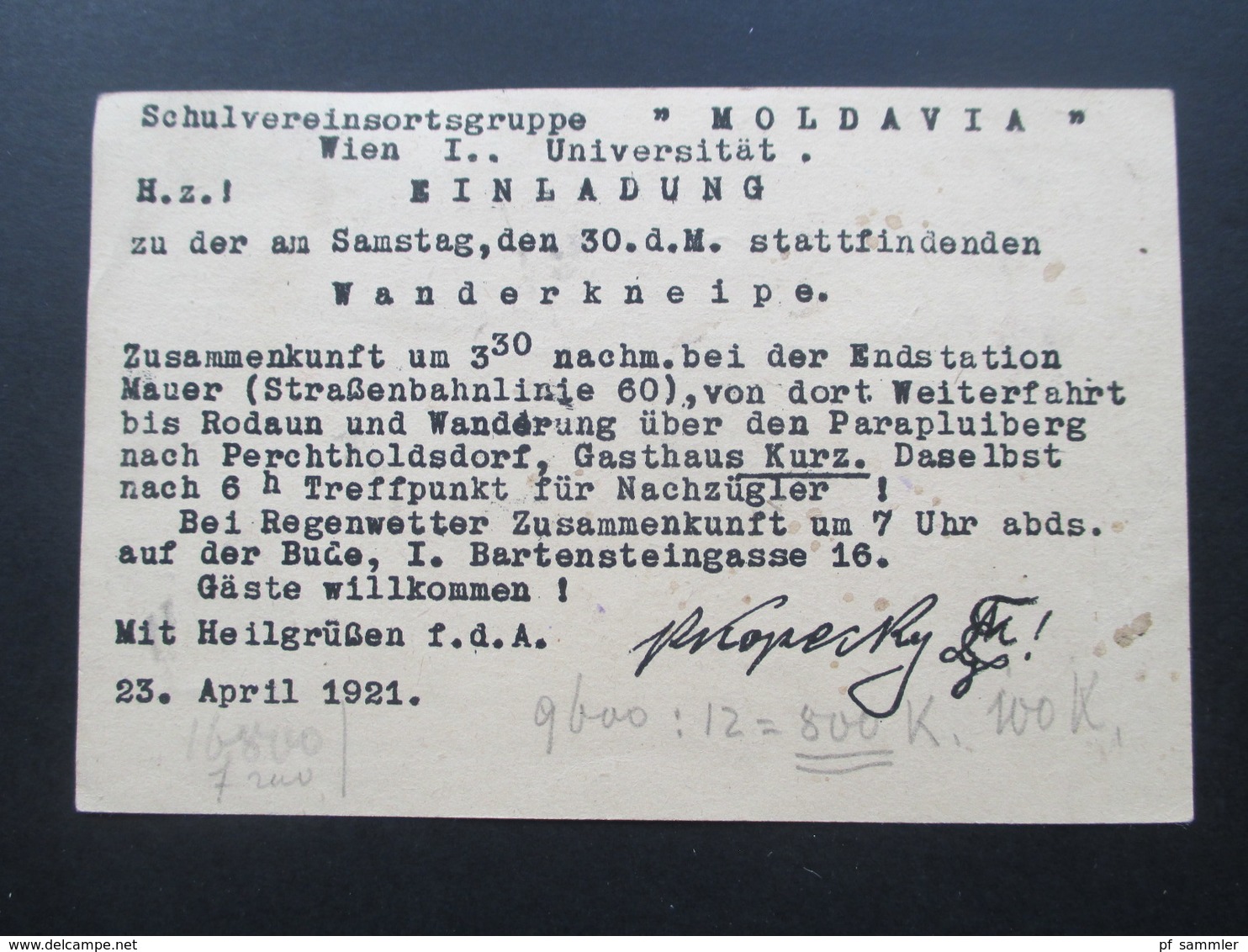 Österreich 1921 Ganzsache Studentika Schulvereinsortsgruppe Moldavia Einladung Zur Wanderkneipe Uni Wien. Gasthaus Kurz - Brieven En Documenten