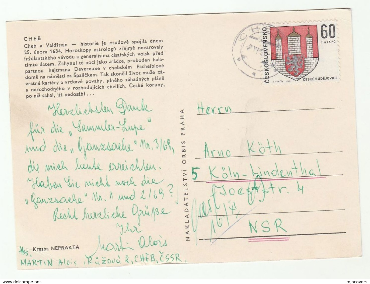 1968 CZECHOSLOVAKIA COVER Stamps HERALDIC LION ARMS  (postcard Historic Cheb, Dog ) - Covers & Documents