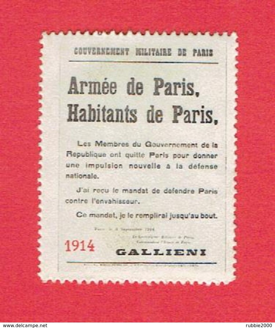 GUERRE 1914 1918 VIGNETTE PATRIOTIQUE ARMEE DE PARIS AFFICHE SIGNEE GALLIENI GOUVERNEUR MILITAIRE DE PARIS - Documents