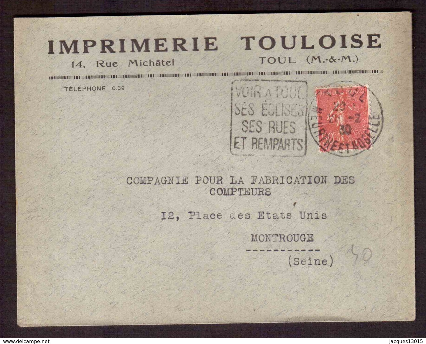 France -lettre Très Propre - Oblitération - Daguin - TOUL (Meurthe Et Moselle) - Sur Semeuse 50c Lignée - 21/2/1930 - 1921-1960: Modern Period