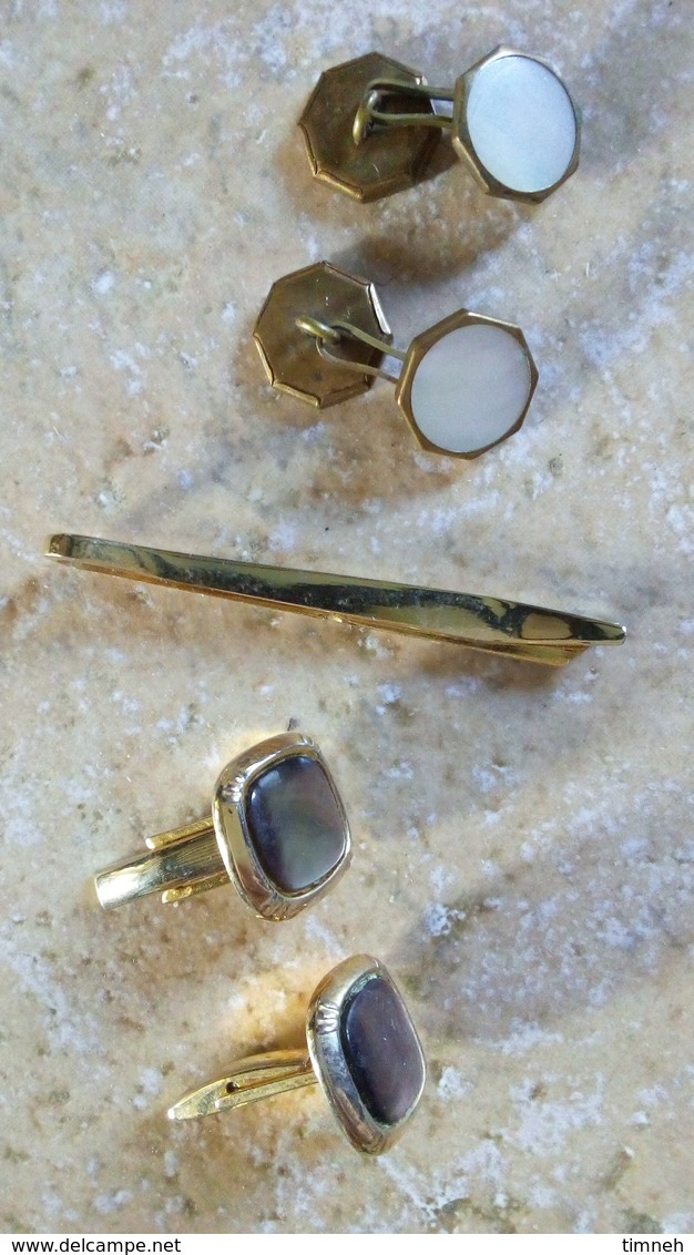 2 paires de BOUTONS DE MANCHETTE NACRE et métal doré + Pince à cravate métal doré - accessoires mode