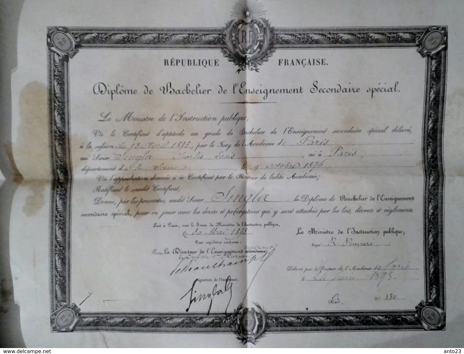 Diplôme Baccalauréat 1893  Paris  POINCARÉ MINISTRE DE L INSTRUCTION PUBLIQUE  Signature  SUPPORT EN PEAU ET NON PAPIER - Diplomas Y Calificaciones Escolares