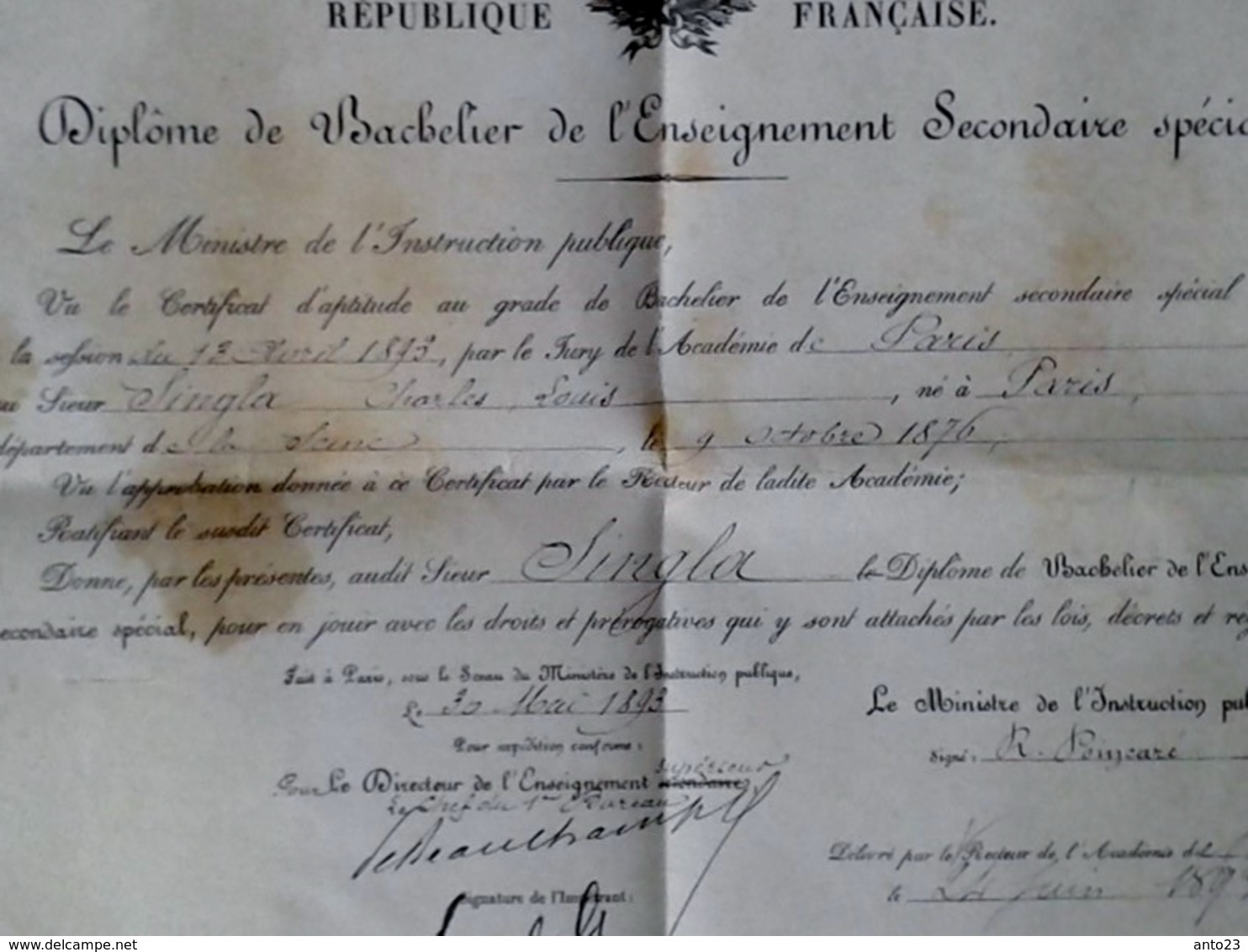 Diplôme Baccalauréat 1893  Paris  POINCARÉ MINISTRE DE L INSTRUCTION PUBLIQUE  Signature  SUPPORT EN PEAU ET NON PAPIER - Diplomas Y Calificaciones Escolares