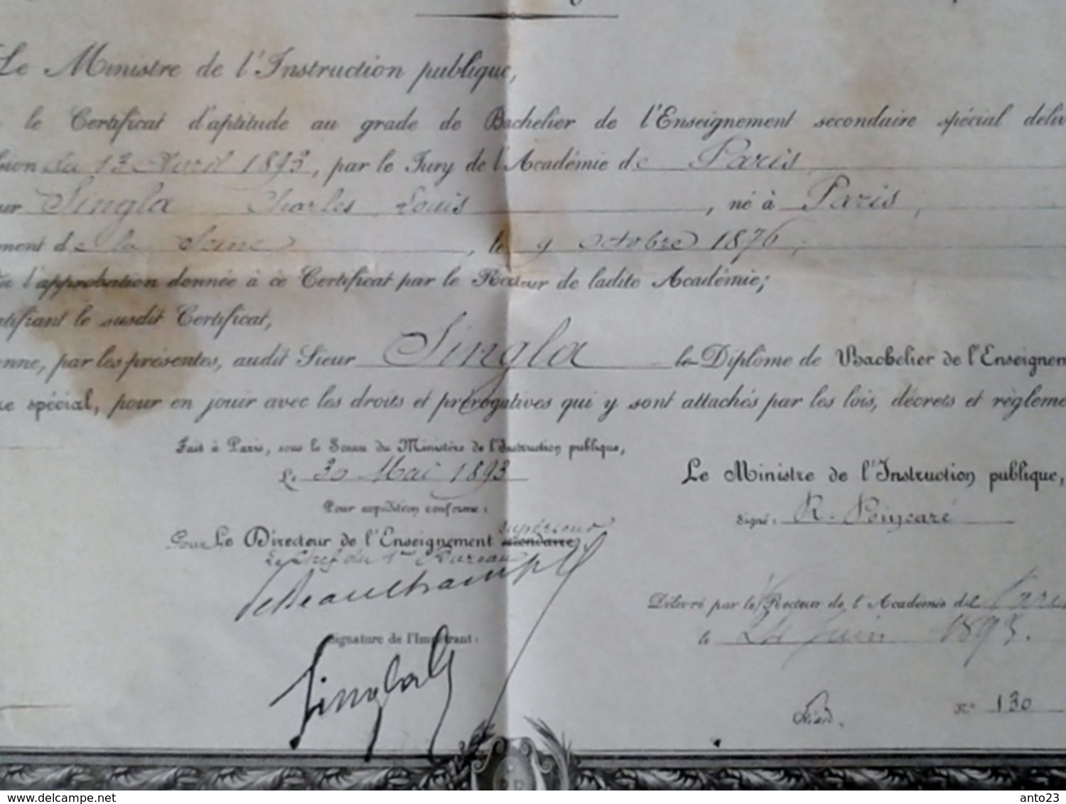 Diplôme Baccalauréat 1893  Paris  POINCARÉ MINISTRE DE L INSTRUCTION PUBLIQUE  Signature  SUPPORT EN PEAU ET NON PAPIER - Diplomas Y Calificaciones Escolares