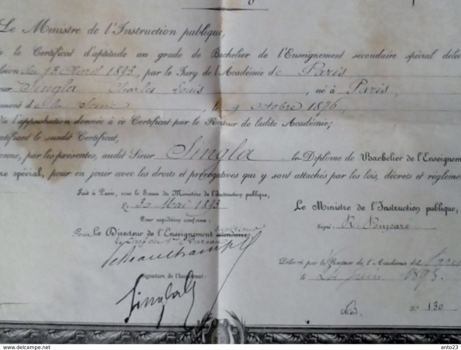 Diplôme Baccalauréat 1893  Paris  POINCARÉ MINISTRE DE L INSTRUCTION PUBLIQUE  Signature  SUPPORT EN PEAU ET NON PAPIER - Diplomas Y Calificaciones Escolares