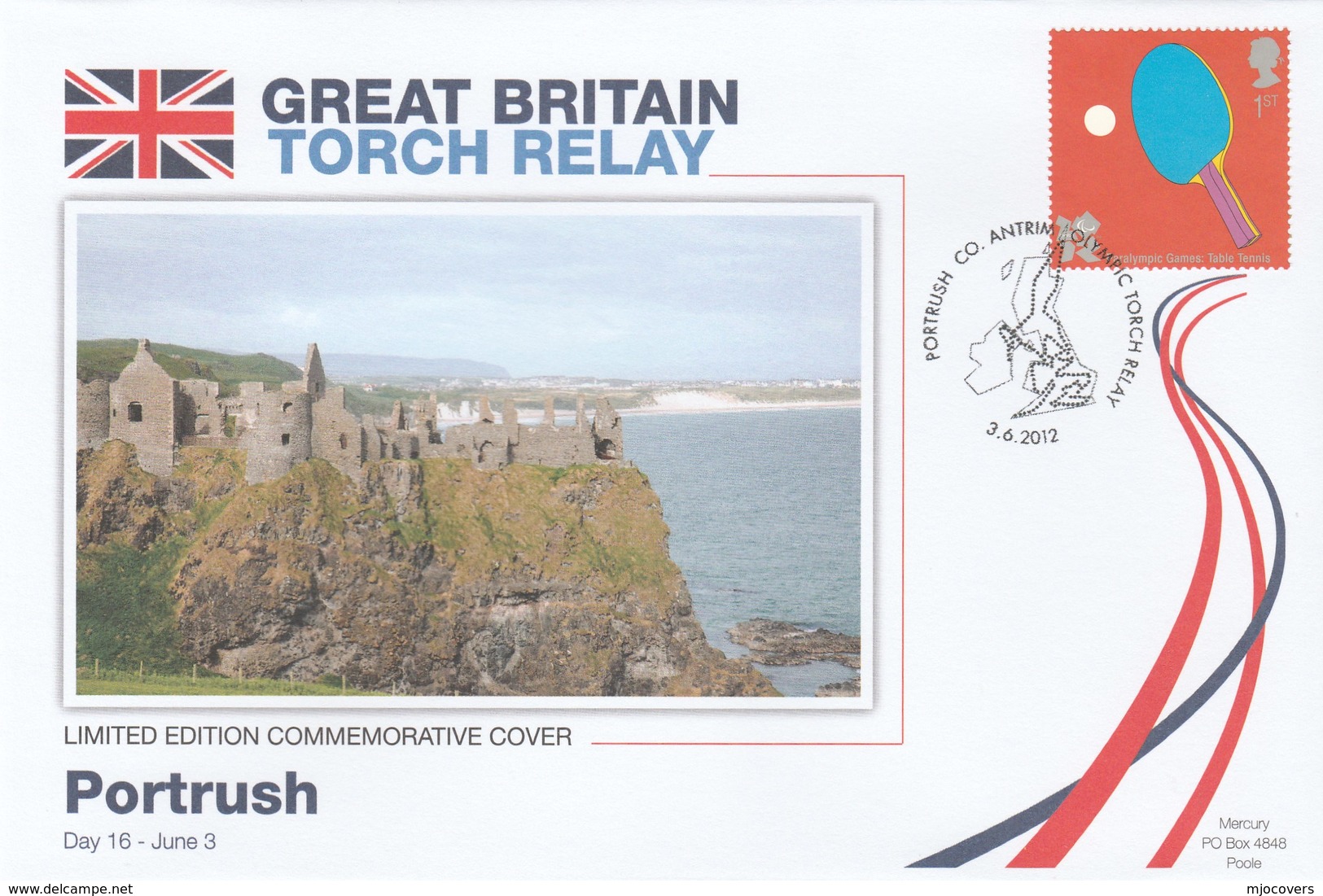 2012 Ltd Edn PORTRUSH TORCH RELAY Cover OLYMPIC GAMES London Olympics GB Table Tennis Nth. Ireland Dunluce Castle Sport - Summer 2012: London