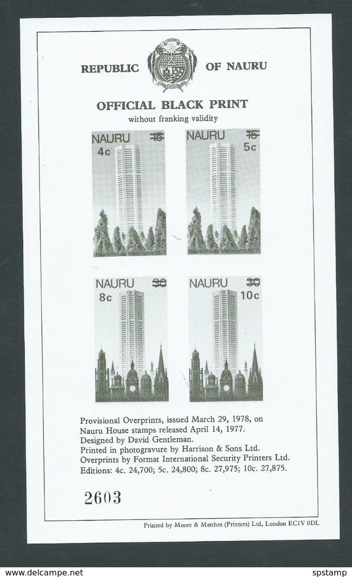 Nauru 1978 Provisional Surcharge Set Of 4 Black Print Imperforate Sheet MNH - Nauru