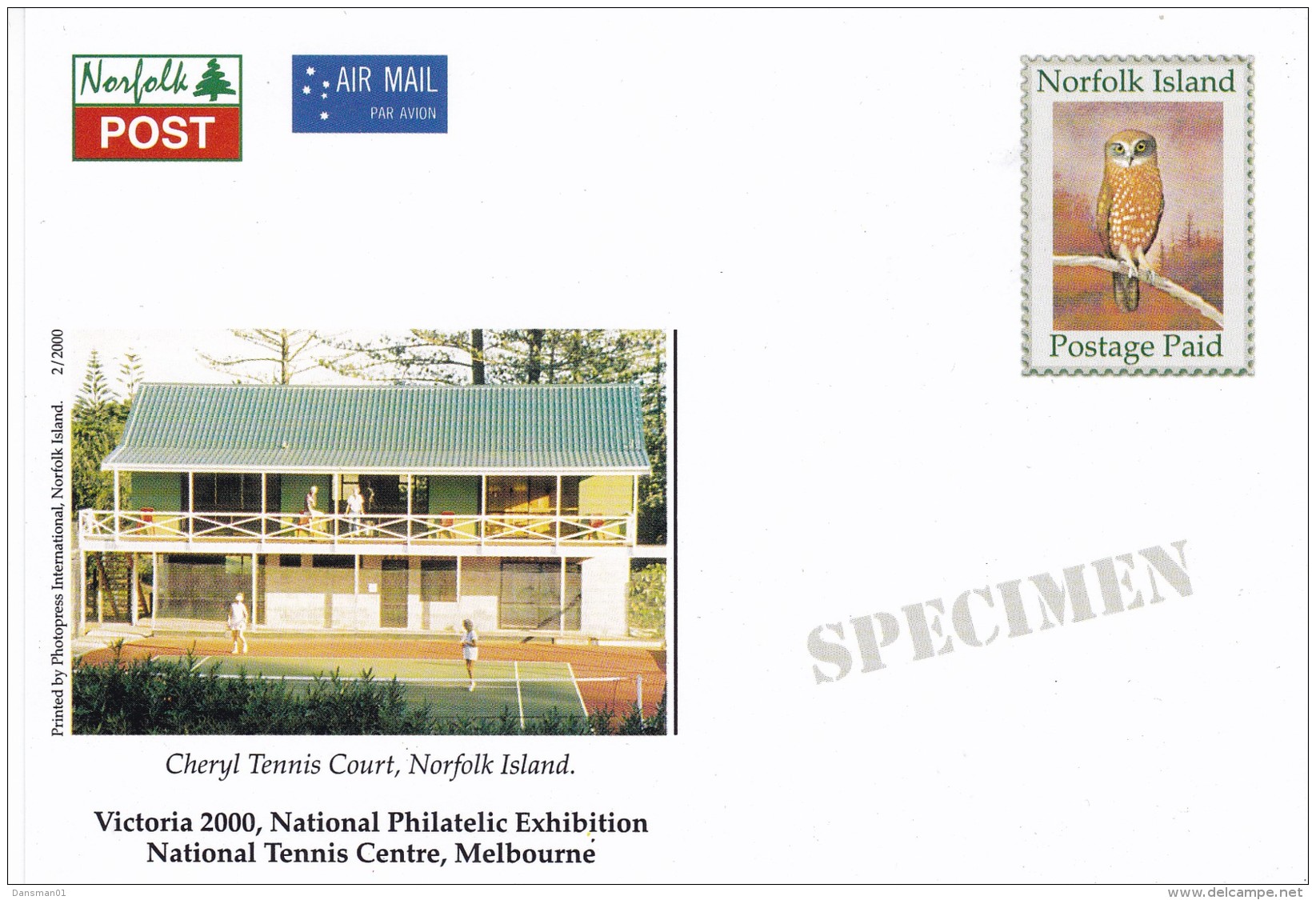 Norfolk Island 2000 Tennis Specimen Postcard - Norfolk Eiland