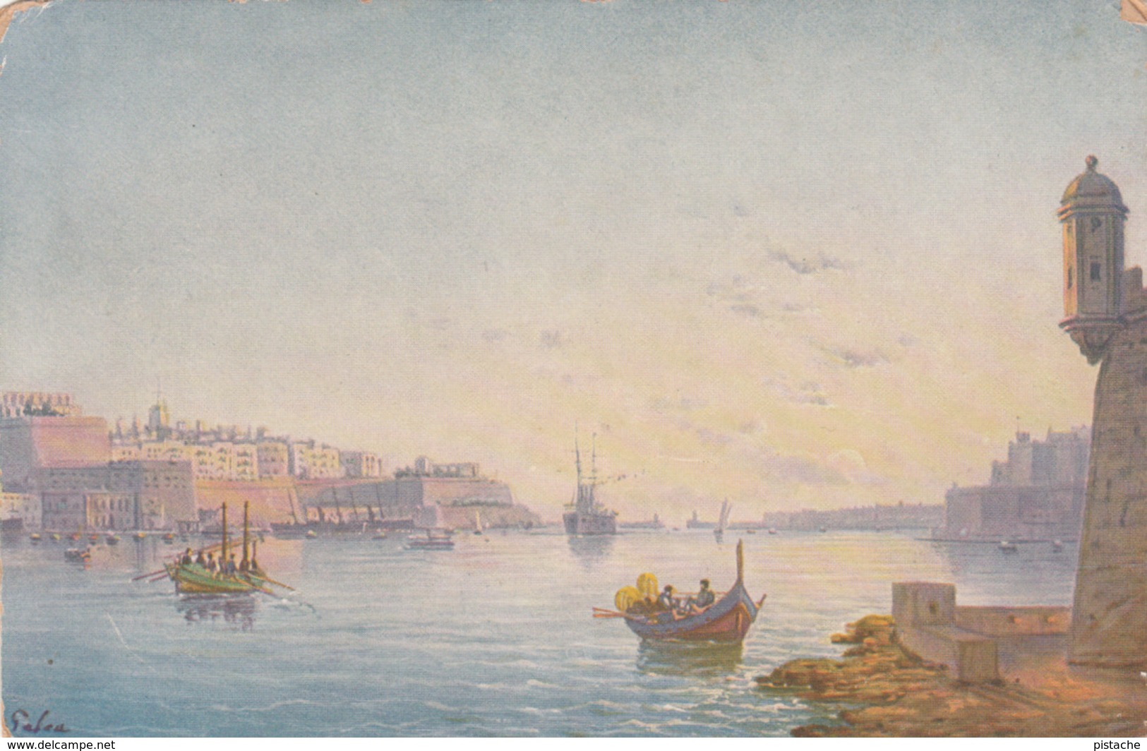 Original Old Postcard - Malte Malta - Grand Harbour Painting By Galea's Painting Series - Written In 1913 - 2 Scans - Malta