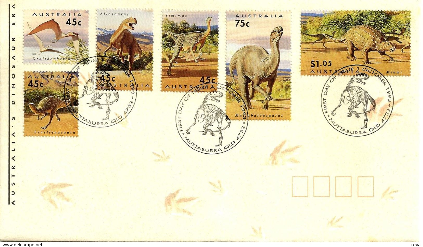 AUSTRALIA FDC DINOSAURS ANIMALS SET OF 6 STAMPS DATED 01-10-1993 CTO SG? READ DESCRIPTION!! - Covers & Documents