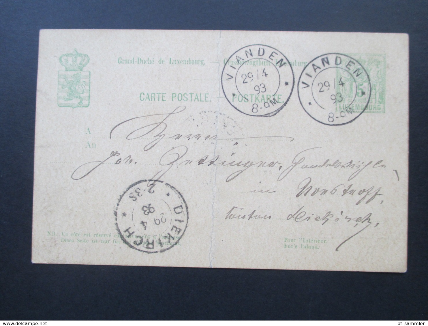 Luxemburg 1893 Ganzsache Vianden Nach Diekirch Gesendet! - Interi Postali