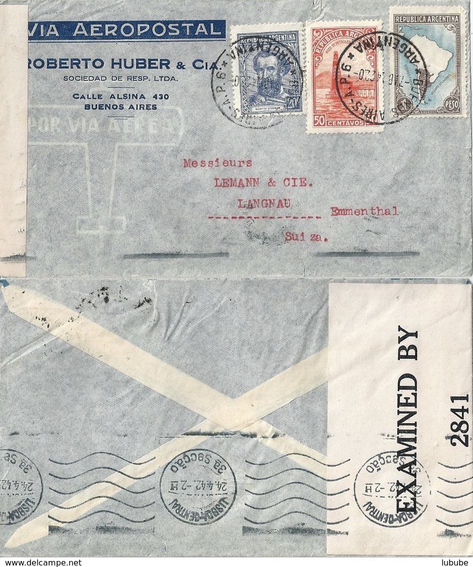 Airmail Zensur Brief  "Roberto Huber, Buenos Aires" - Lisboa - Langnau             1942 - Lettres & Documents