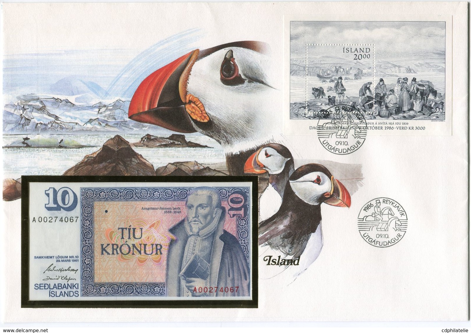 ISLANDE ENVELOPPE AVEC LE BLOC-FEUILLET N°7 (JOURNEE DU TIMBRE) + BILLET NEUF - Cartas & Documentos