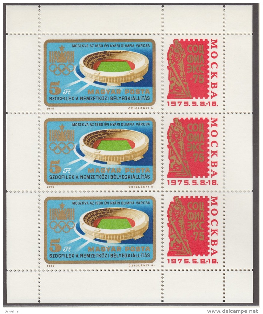 UNGARN, 3042 A, Kleinbogen, Postfrisch **, Internationale Briefmarkenausstellung SOZFILEX &rsquo;75, Moskau 1975 - Blocks & Kleinbögen