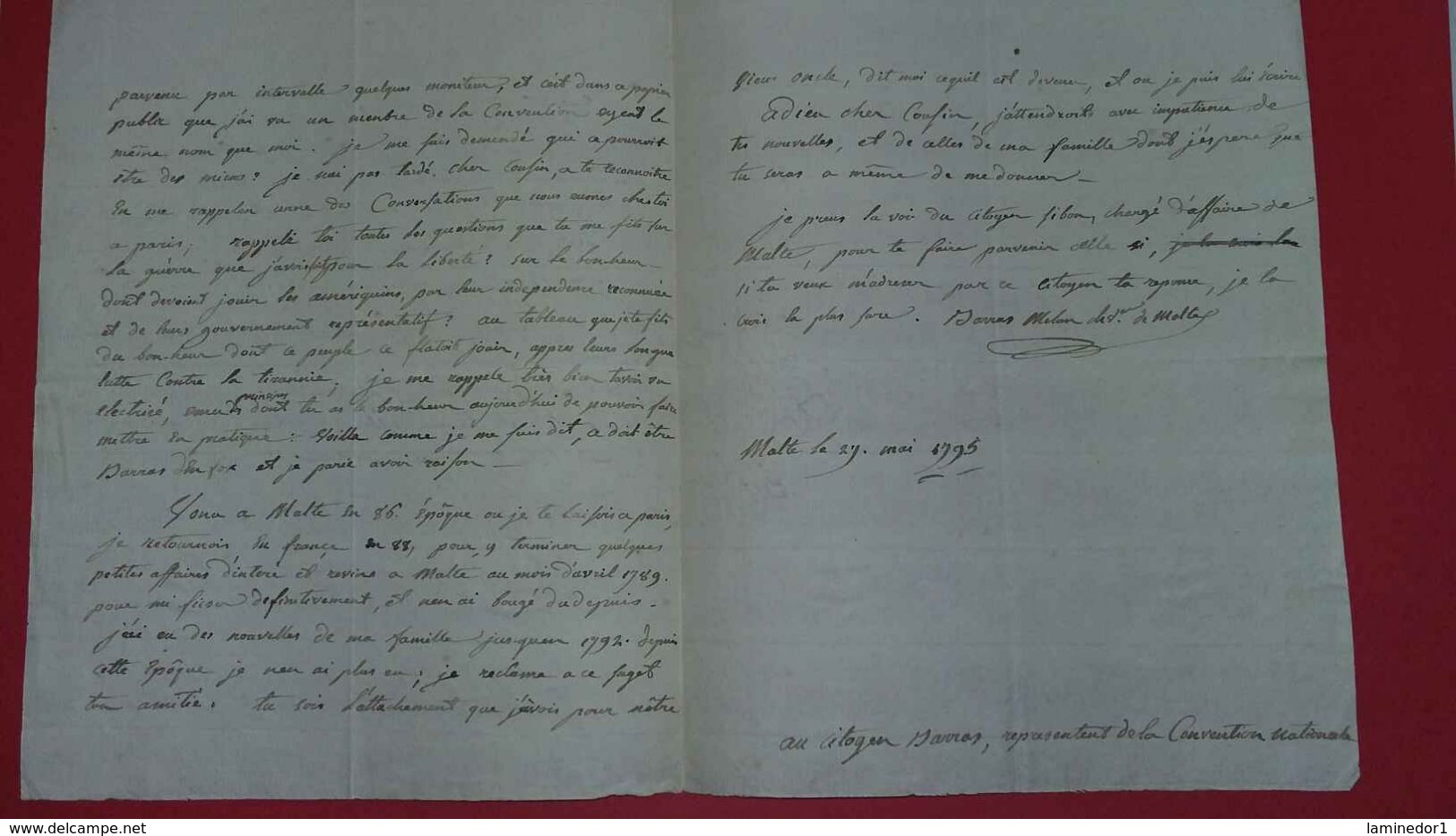 1795, Lettre Adressée "au Citoyen Barras" De Malte Par Son Cousin. - Documents Historiques