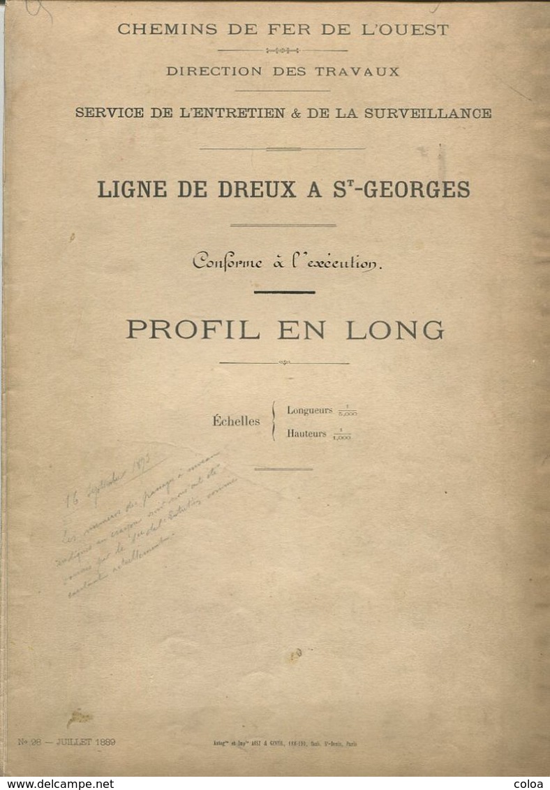 Chemins De Fer De L’Ouest, Ligne De Dreux  à St-Georges, Profil En Long  1889 - Europe