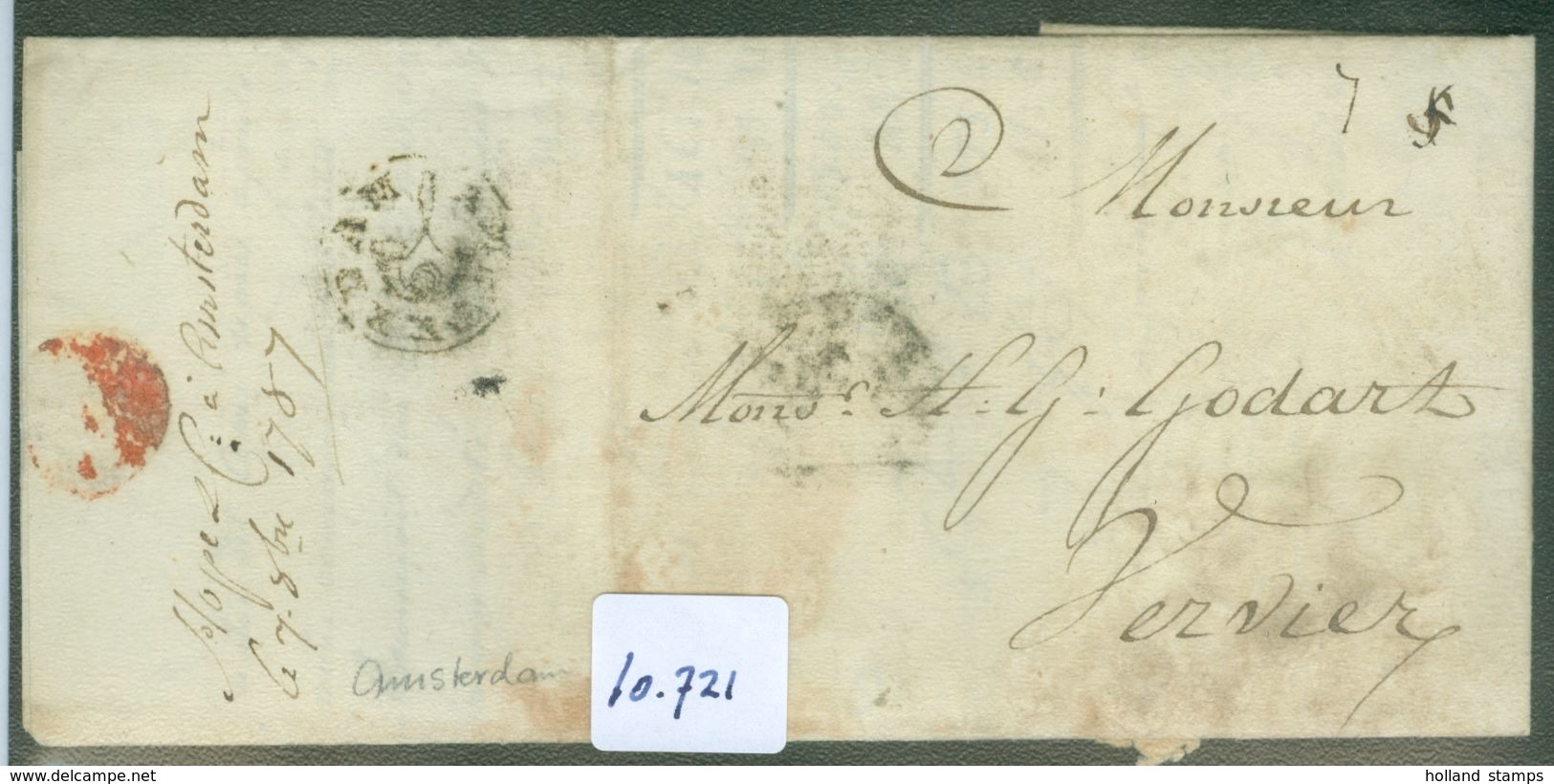 HANDGESCHREVEN BRIEF Uit 1787 Gelopen Van POSTHOORN Stempel AMSTERDAM Naar VERVIERS + ROOD LAKZEGEL (10.721) - ...-1852 Voorlopers