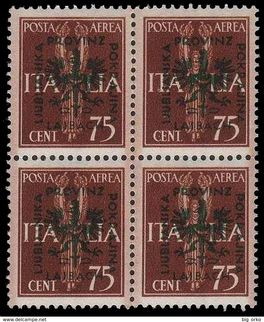 Italia – Lubiana (occupazione Tedesca) Posta Aerea "Imperiale" 75 C. Bruno Giallo - 1944 / BLOCCO DI QUATTRO - German Occ.: Lubiana