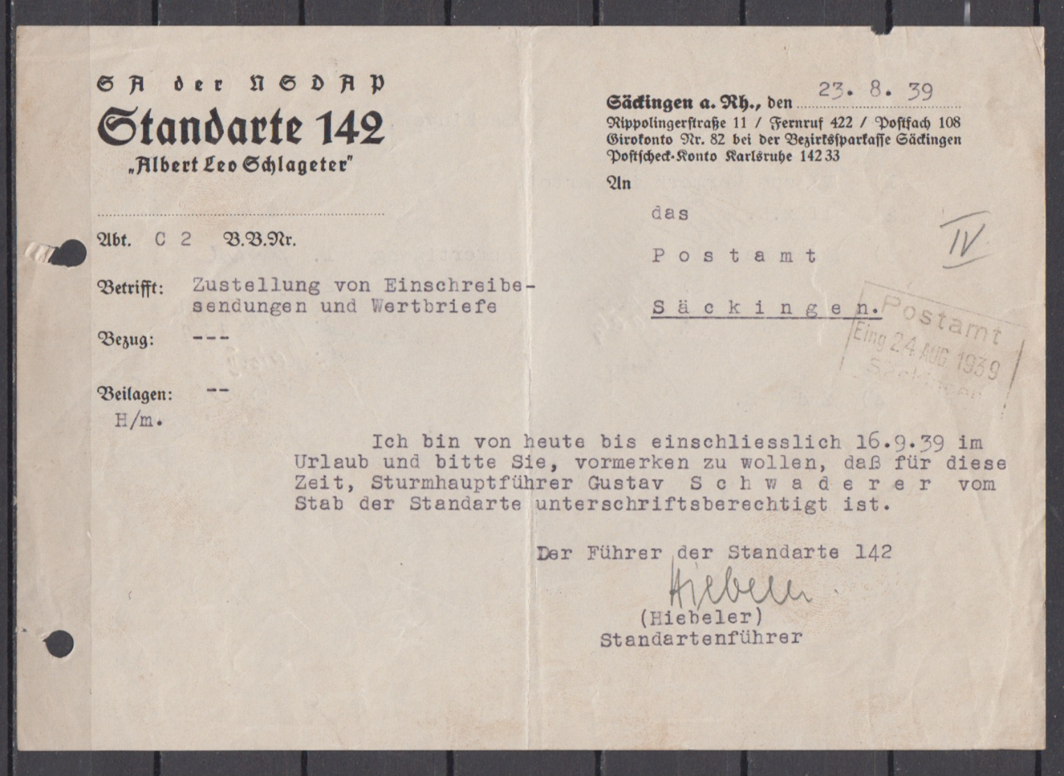 Dt.Reich Vordruck " SA Der NSDAP Standarte 142 "Albert Leo Schlageter" Säckingen A.Rh. Anschreiben 1939 - Briefe U. Dokumente