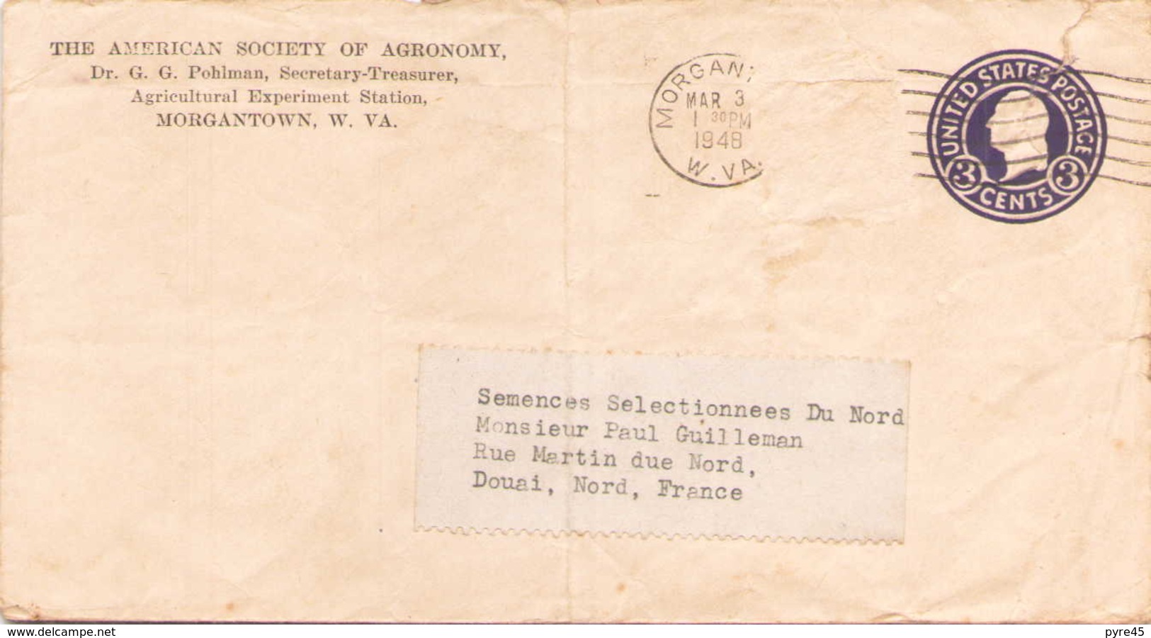 Etats-Unis Entier Avec En Tête "American Society Of Agronomy " Du 3 Mars 1948 De Morgantown Pour Douai - 1941-60