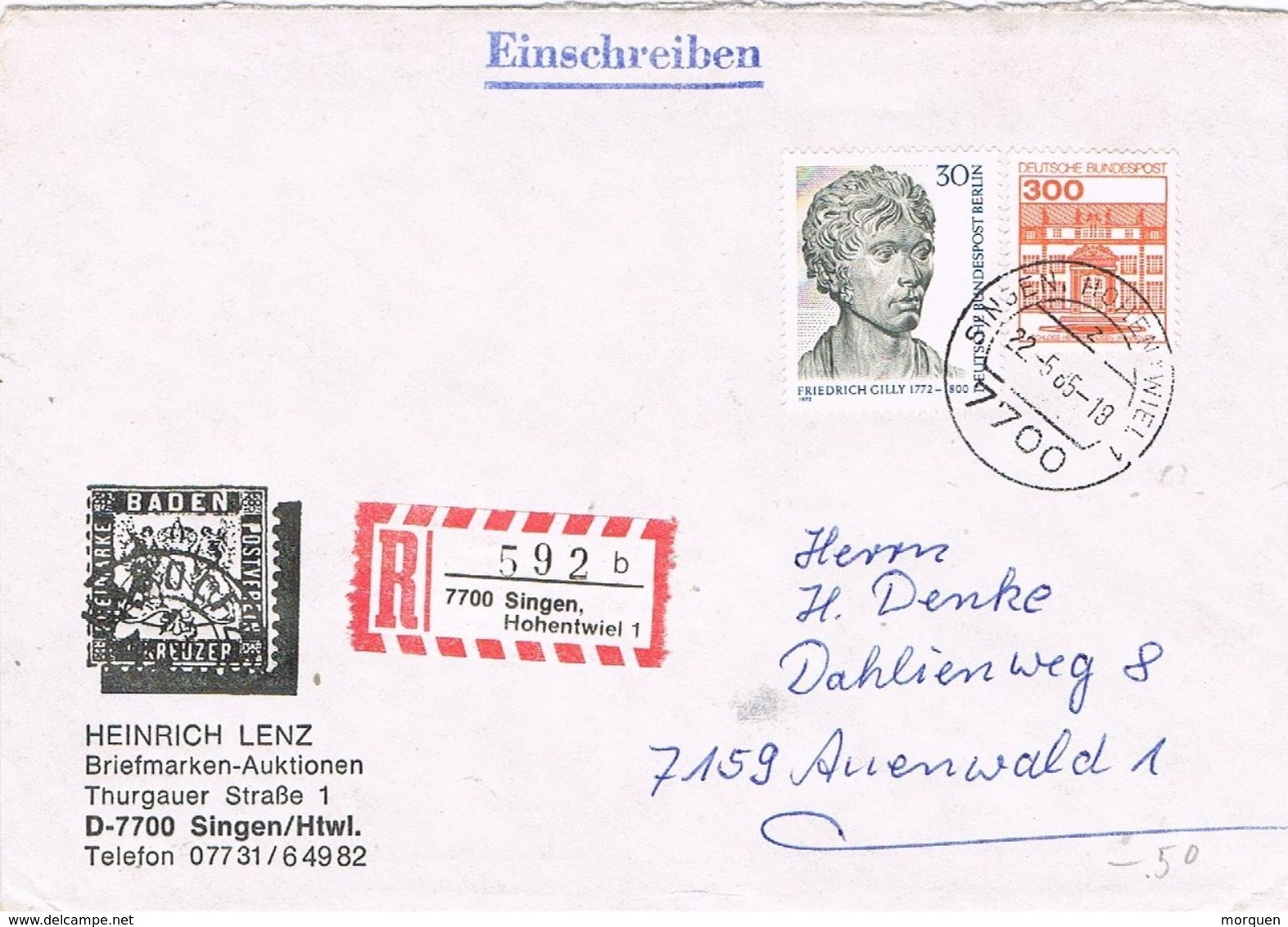 28102. Carta Certificada SINGEN (Alemania Federal) 1985 - Cartas & Documentos