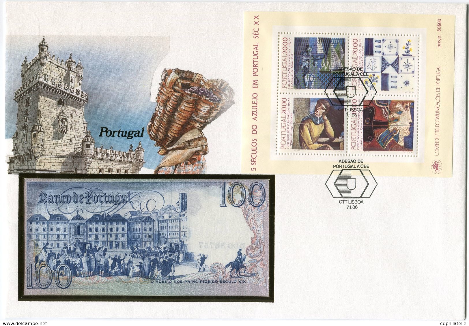 PORTUGAL ENVELOPPE AVEC LE BLOC-FEUILLET N°50 (5 SIECLES DE L'AZULEJO)  + BILLET NEUF - Lettres & Documents