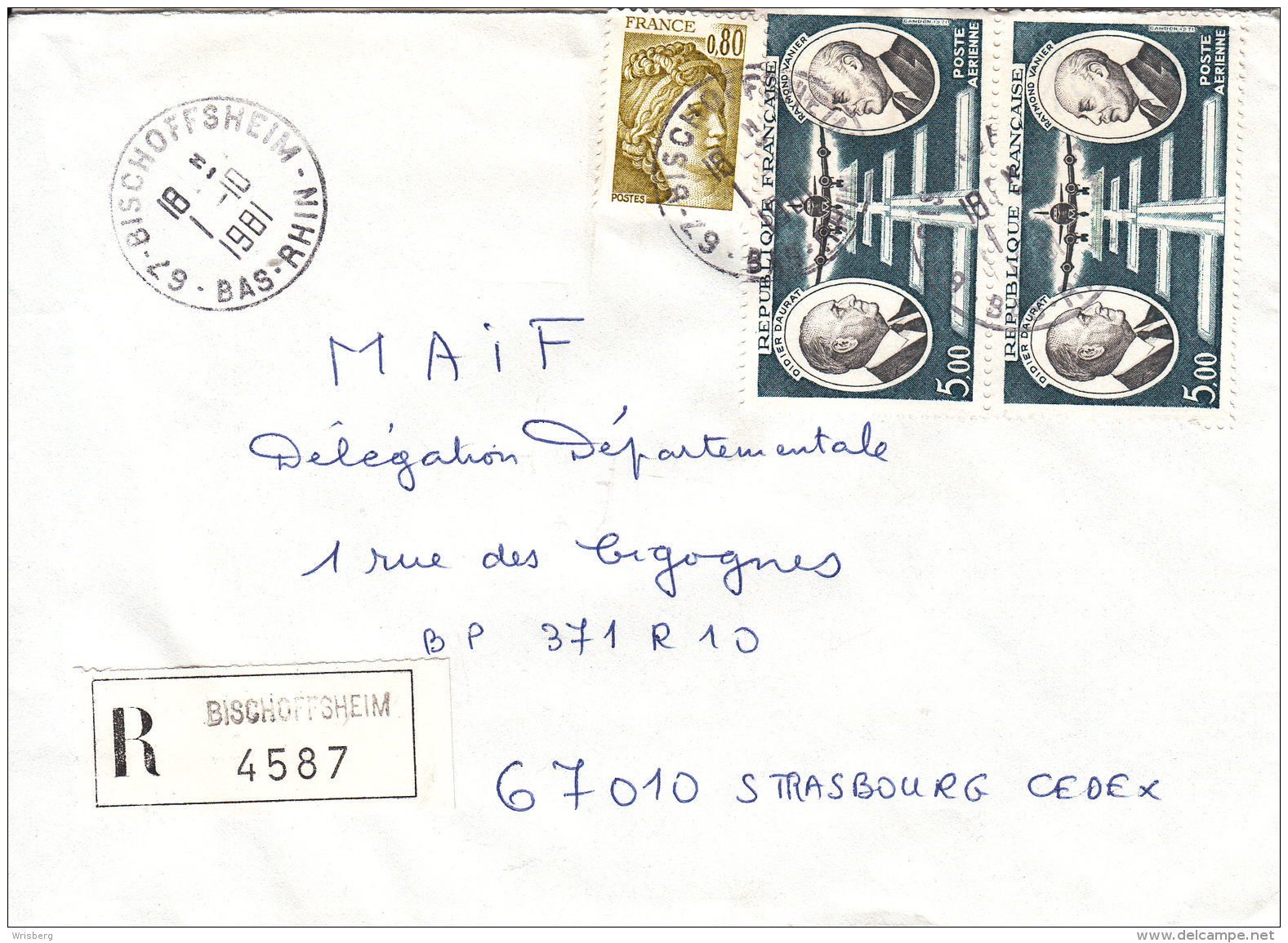 Env Reco  Affr Y&amp;T 1971 + PA 46 X 2 Obl BISCHOFFSHEIM Du 1.10.1981 Adressée à Strasbourg - Cartas & Documentos