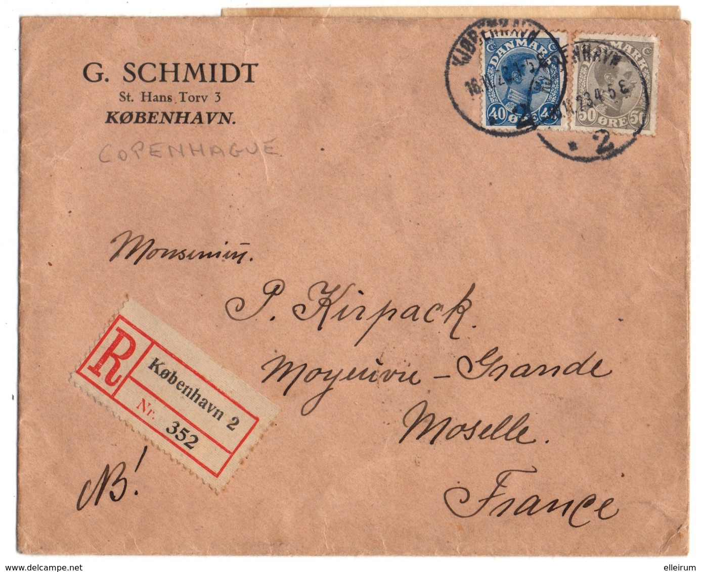 DANMARK. COBENHAVN. LETTRE. RECOMMANDE Pour MOYEUVRE-GRANDE (57) 1923. - Lettres & Documents