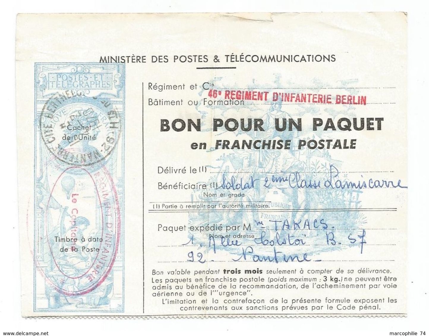 BON POUR PAQUET FRANCHISE GRIFFE 46E REGIMENT D'INFANTERIE BERLIN 92 NANTERRE 1970 - Cachets Militaires A Partir De 1900 (hors Guerres)