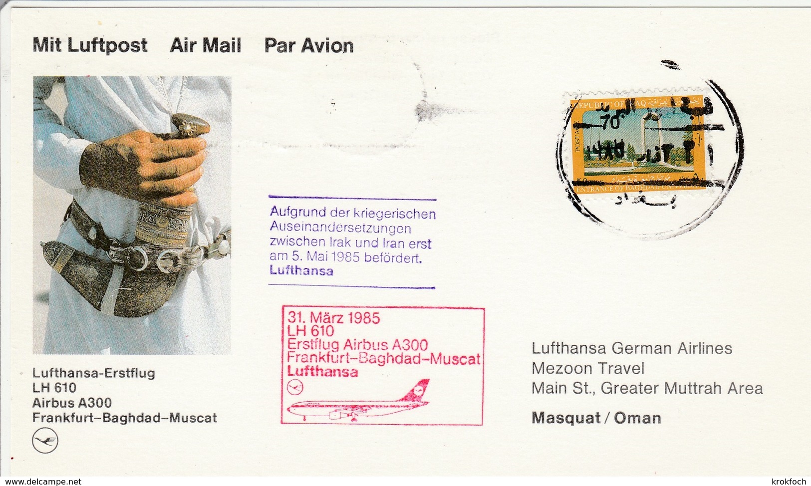 Bagdad Baghdad Muscat Mascate Irak Oman 1985 - Lufthansa Airbus - Erstflug 1er Vol Inaugural Flight Primo Volo - Iraq