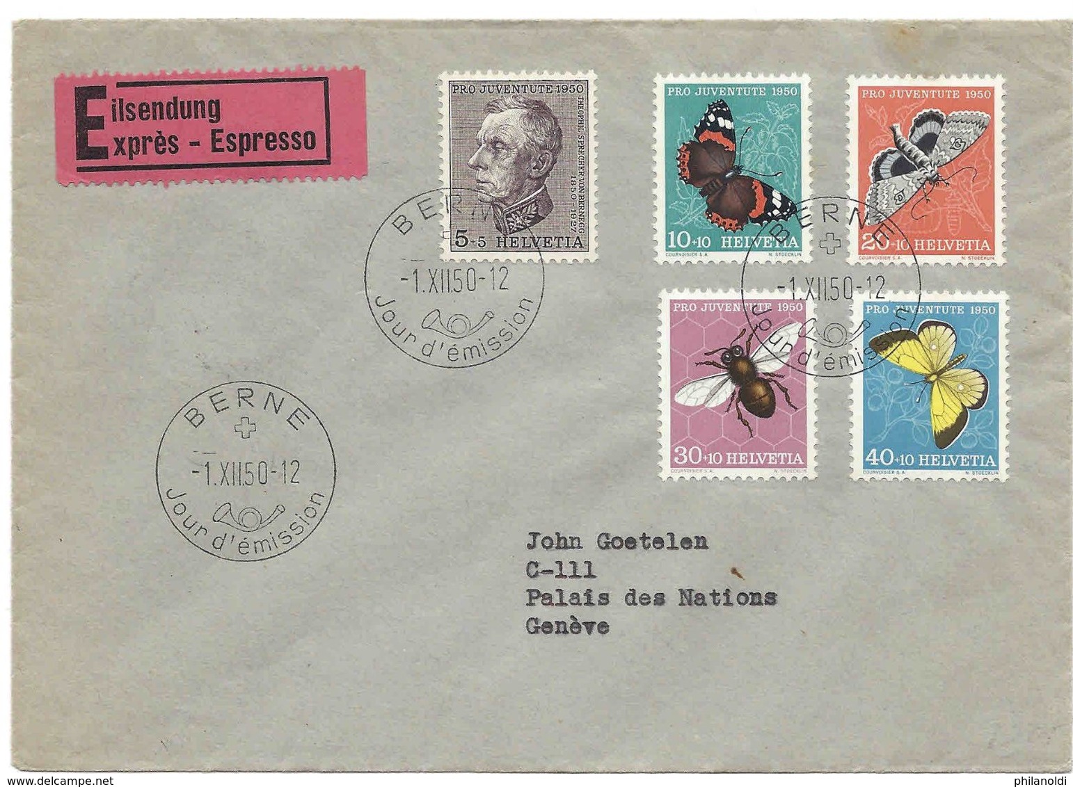 1950  Pro Juventute Série Complète Papillons + Abeille FDC En Français, Lettre Premier Jour D'émission Exprès, Ersttag - Lettres & Documents