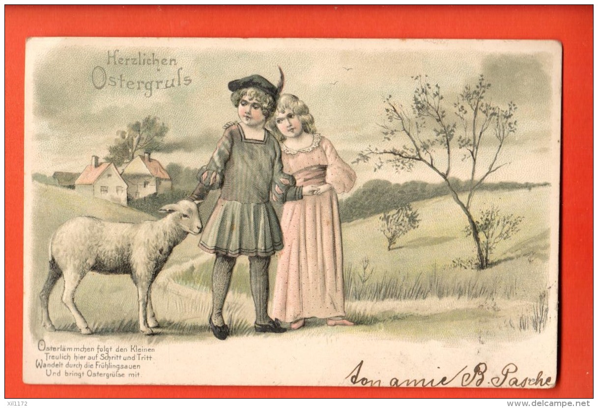 GBT-11  Herzlichen Ostergruss, Heureuses Pâques, Agneau Cuple Enfants, Relief, Geprägt.  Circulé En 1905 - Pâques